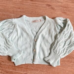 The New Society Mint Puff-Sleeve Cropped Organic Cotton Cardigan Sweater 2Y